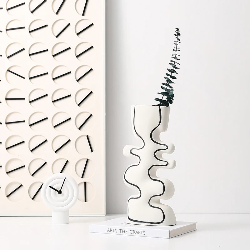 Modern Abstract Luxury Ceramic Flower Vase Hand Painted Black Outline Pattern White Wave for Home Office Furniture Decoration