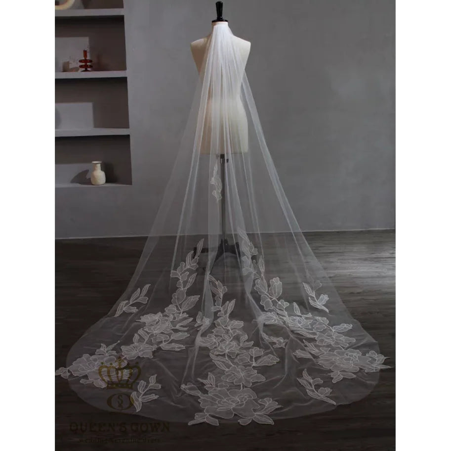 QUEENSGOWN Simple Elegance Floral Embroidered Lace Bridal Long Veils Wedding Dresses Beautiful Accessories