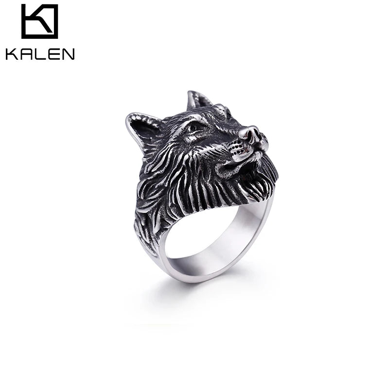 KALEN Anillos Acero Inoxidable Biker Ring Silver Stainless Steel Animal Wolf Rings for Men
