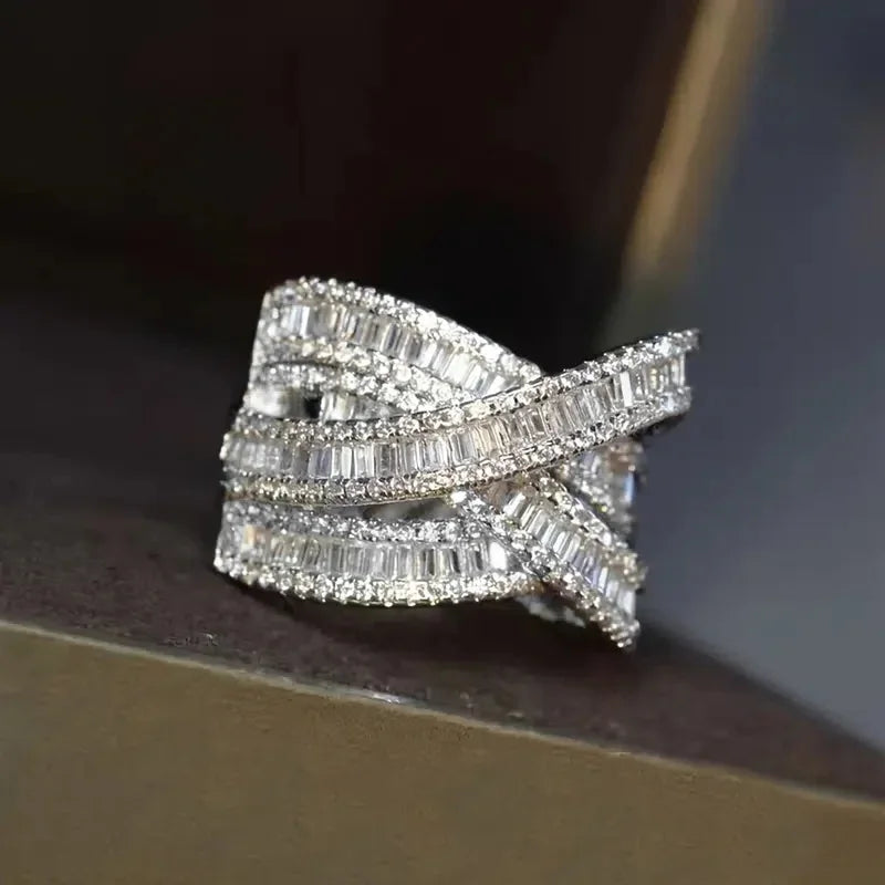 Huitan OEM Contracted Style Cross Design Full Paved Cubic Zirconia Band Ring for Women Wedding Engagement CZ Silver Plated Rings