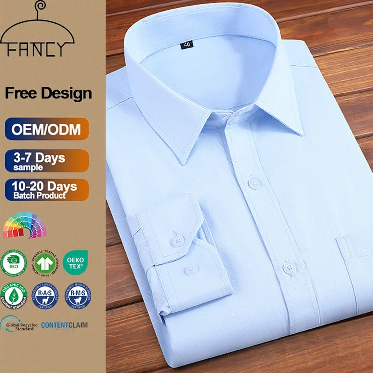 Wholesale Solid Cotton Polyester Customized Logos Colors Loose No-iron Business Men's Casual Shirt with Pockets