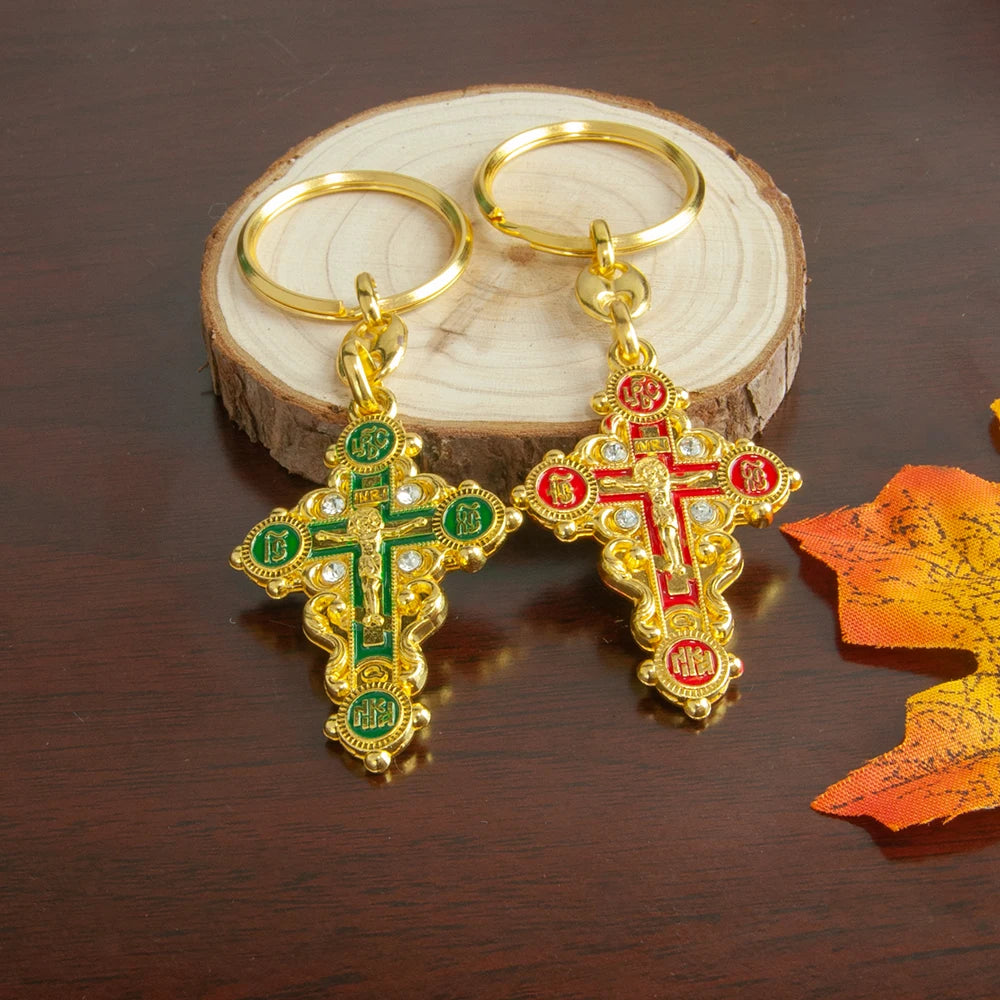 HT Wholesale Orthodox Cross Alloy Gold Plated Key Chain Holy Religious Mini Jesus Icon Crucifix Pendant Cross Keychain