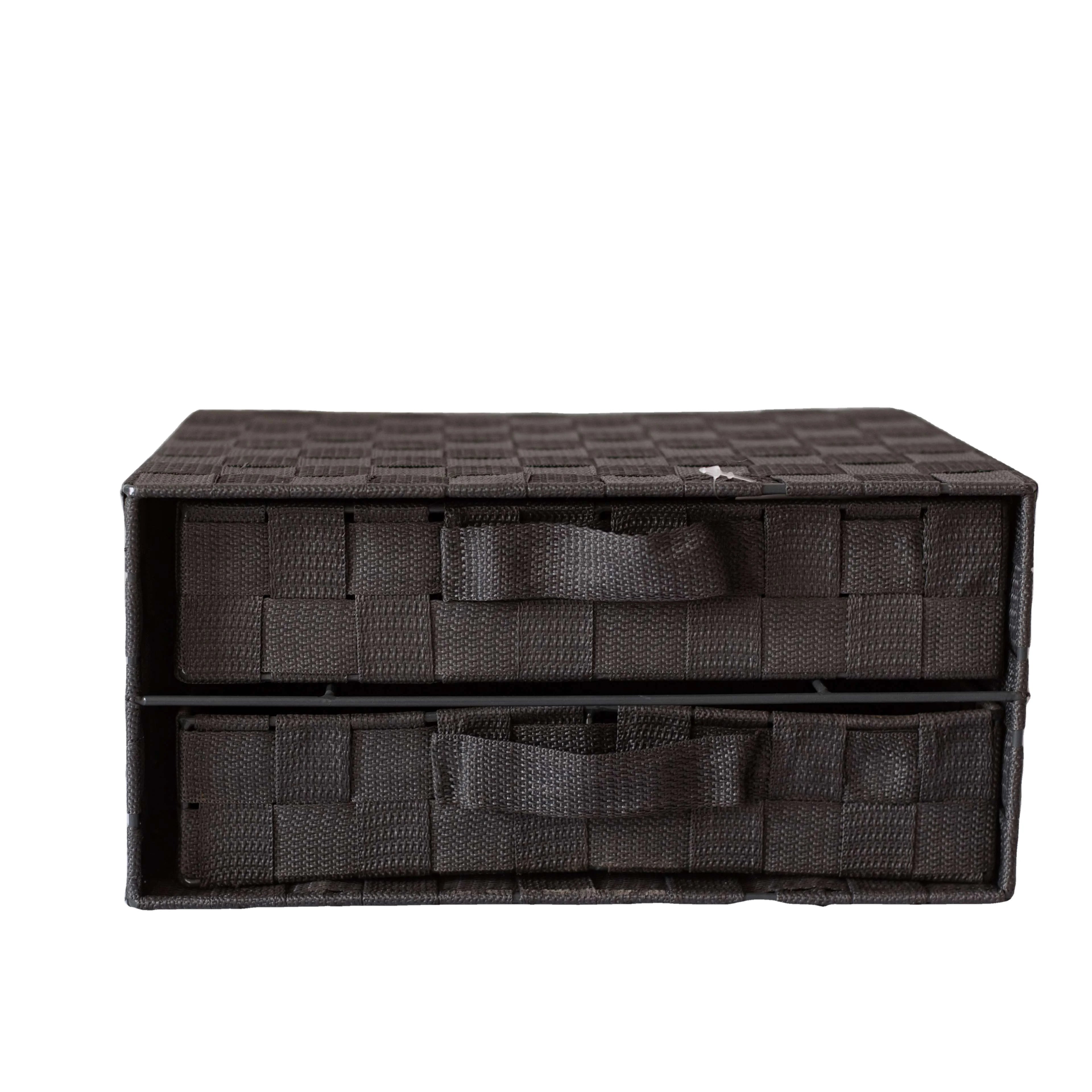 Hand Woven Nylon PP Polypropylene Belt Woven Basket Double Drawer with Cover