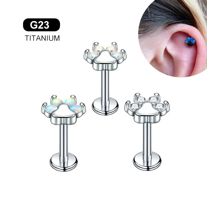 Evorte New Arrival G23 Titanium Silver Plated Internally Threaded Labret Piercing Stud Cubic Zircon Cute Paw Cartilage Wedding