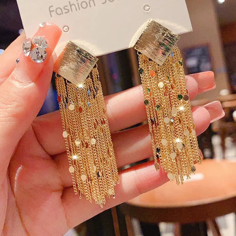 SC 2025 US Long Geometric Star Earrings Diamond Sequin Brushed Fringe Earrings S925 Silver Needle Stud Earrings Gifts for Women