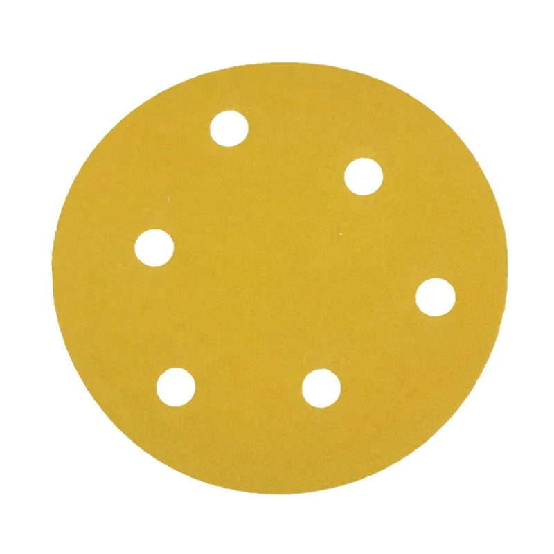 ATPRO 100Pcs 5 Inch 6Hole 125MM Aluminium Oxide 60 to 600 Grits Hook and Loop Gold Sandpaper Sanding Disc for Metal & Automotive