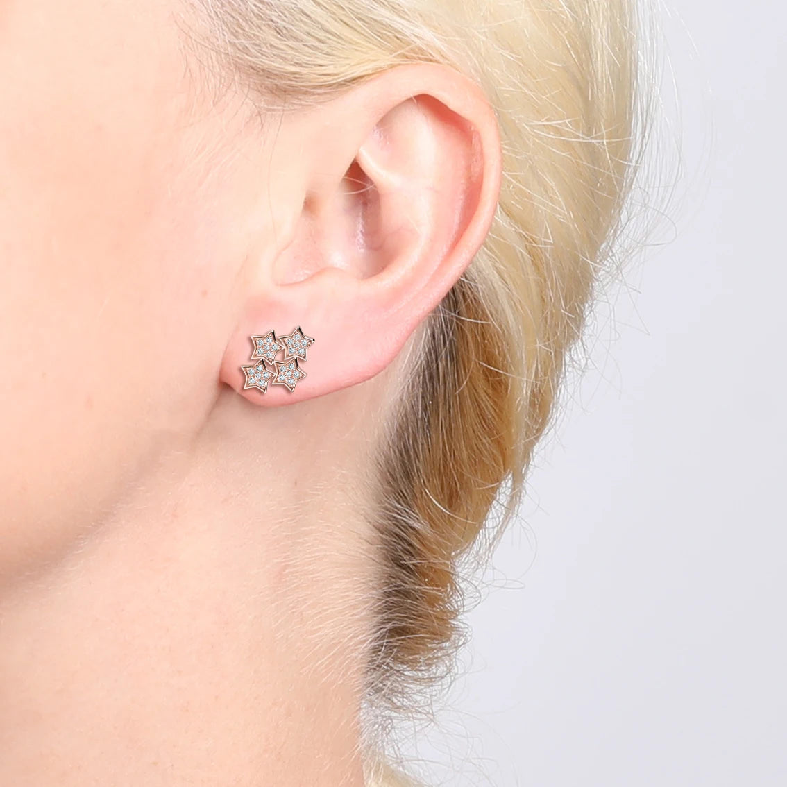 Exquisite Fashion Four Stars Inlaid Zircon Stone Rose Gold White Gold Plated S925 Sterling Silver Women's Stud Earrings