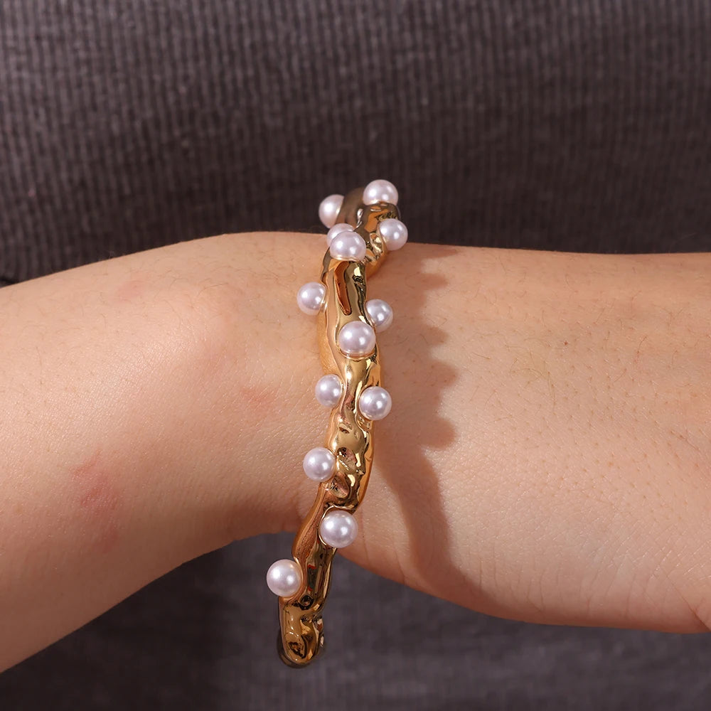 New High Quality Casting Stainless Steel  Full Pearl  Open Cuff Bangle Fashion Trend 18K Gold Plated PVD Plating Bracelet  Women