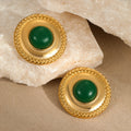 Fine Jewelry Green Agate Round Light Weight Stud Earrings 18K PVD Gold Plated Stainless Steel Semi-stone Drop Earrings