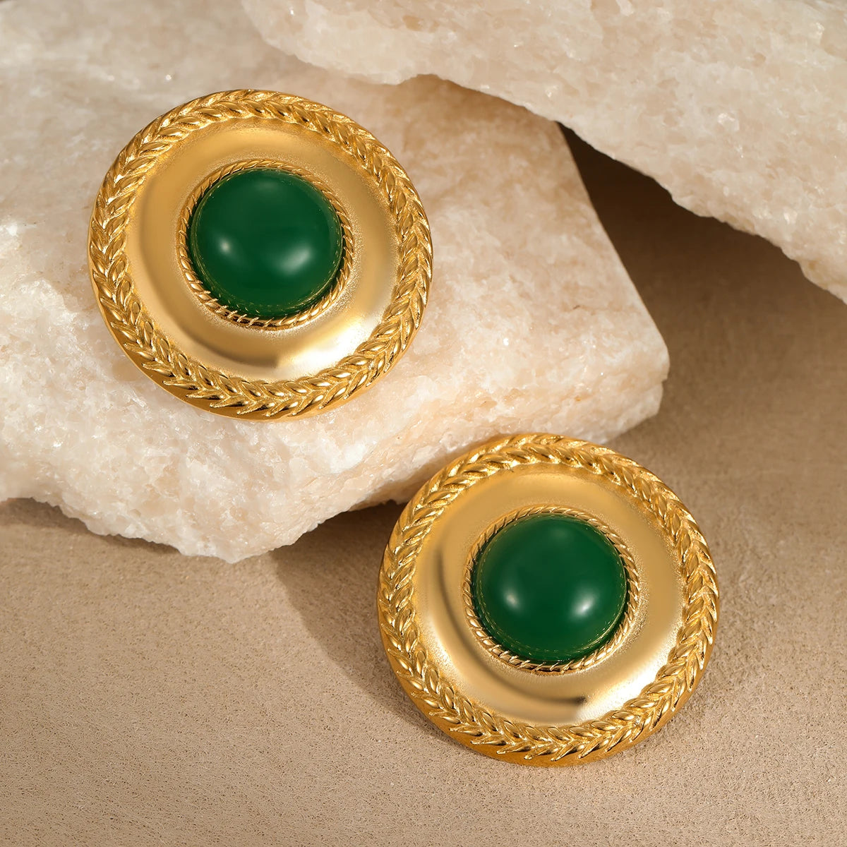 Fine Jewelry Green Agate Round Light Weight Stud Earrings 18K PVD Gold Plated Stainless Steel Semi-stone Drop Earrings