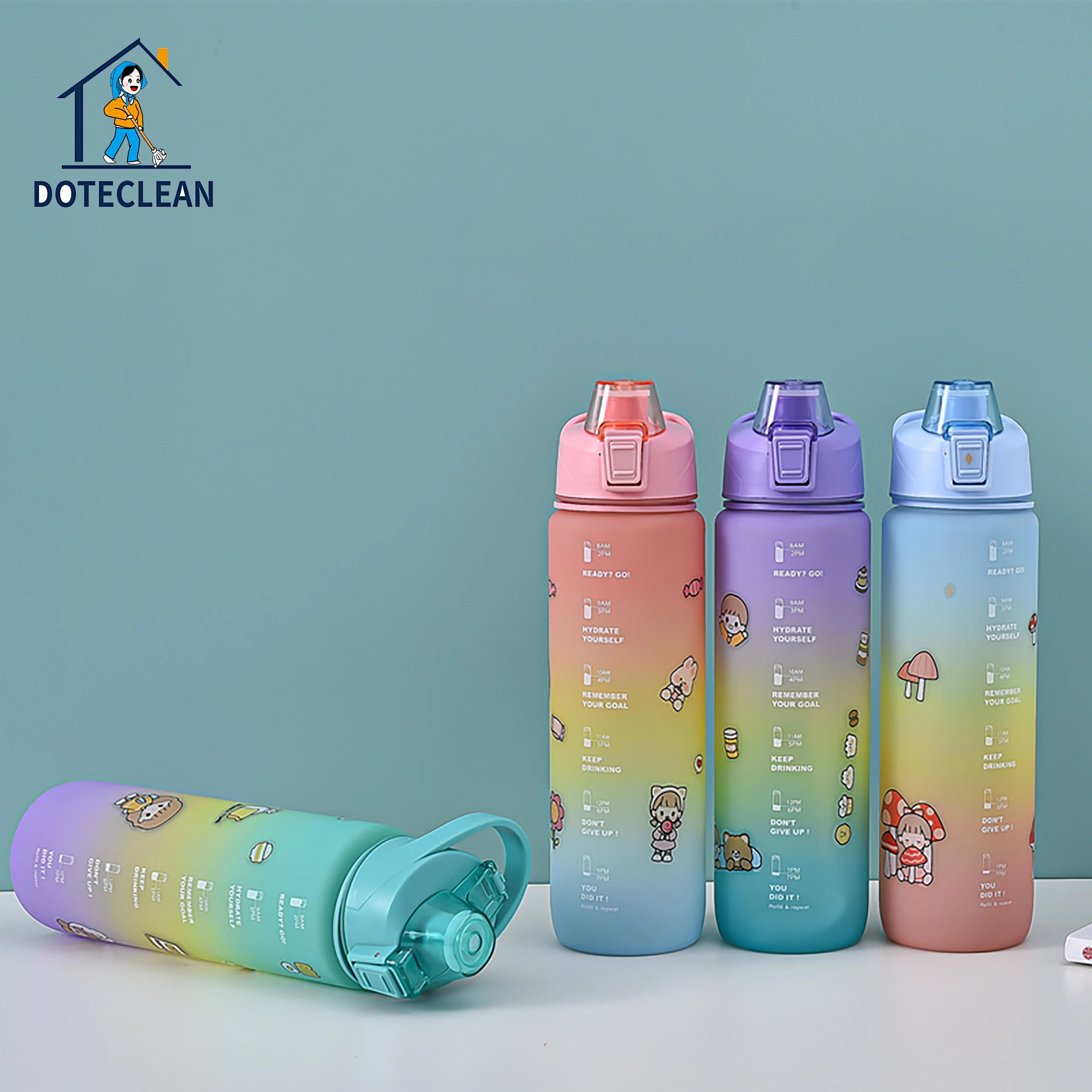 Large Capacity  Plastic Water Cup Color Gradient Sports Travel  Water Bottle with Stickers Free Design for Drinking