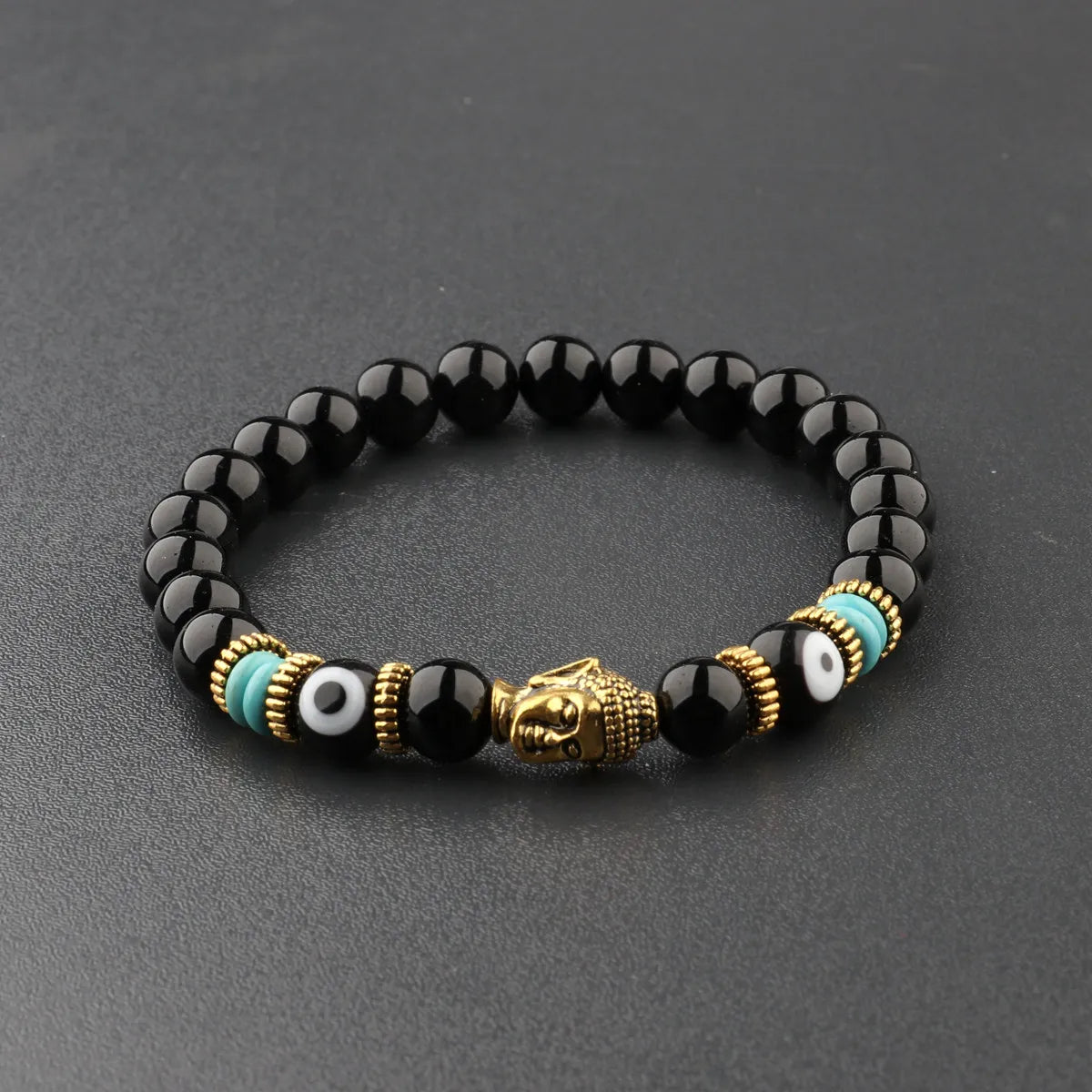 Charm Buddha&Eye Bracelet Women 8mm Elastic Round Bright Black Stone Chakra Bracelets Men Erkek Bileklik Homme
