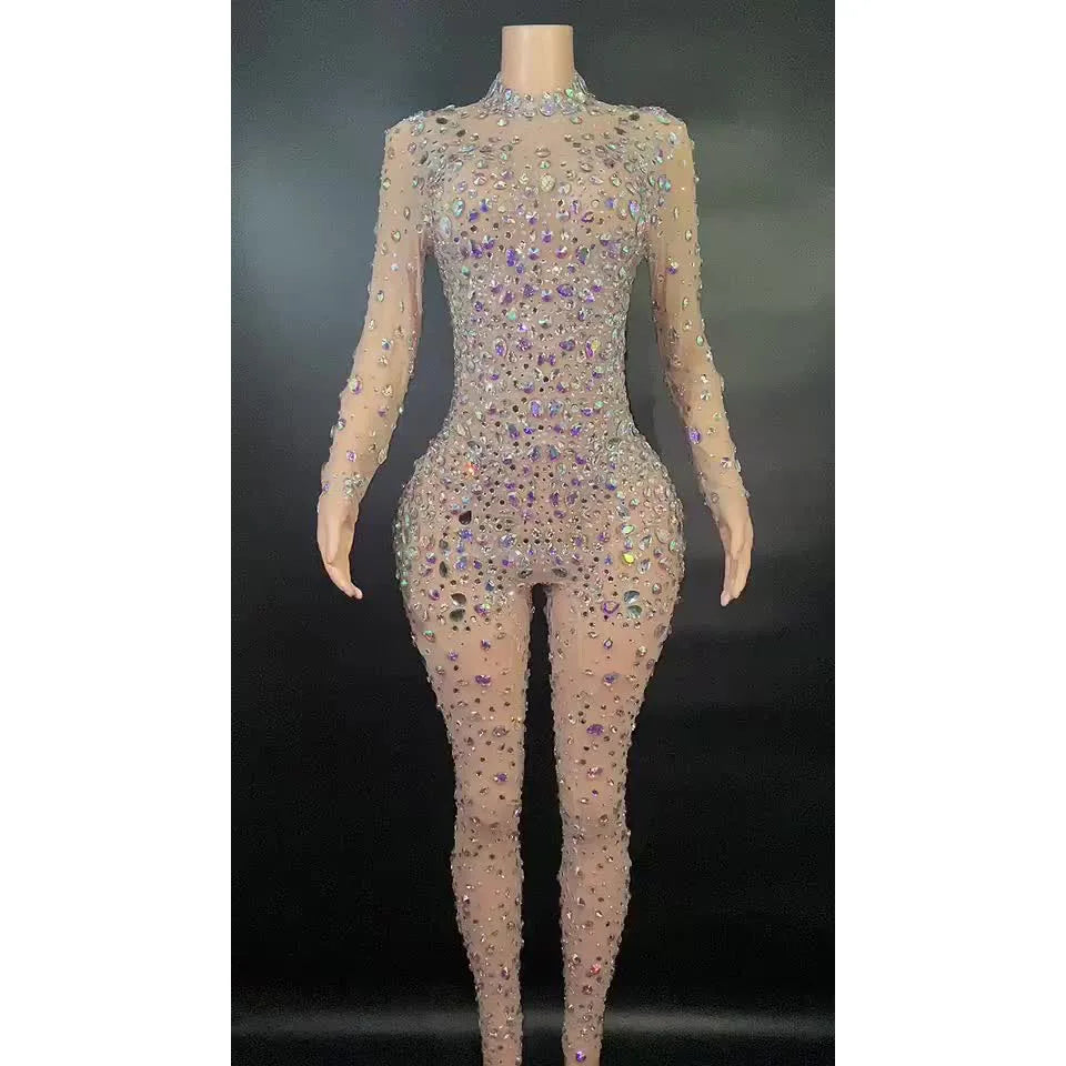 2022 Stage Fashon Show Fashion Sexy Mesh Ladies Luxury Rhinestone Jumpsuit Long Sleeve Bodycon Women One Piece Jumpsuit