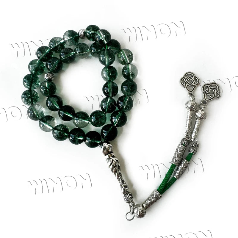 High Grade 10mm Natural Green Phantom Ghost Quartz Crystal 33Pcs Allah Rosary Islamic Tasbih Prayer Beads Sibha
