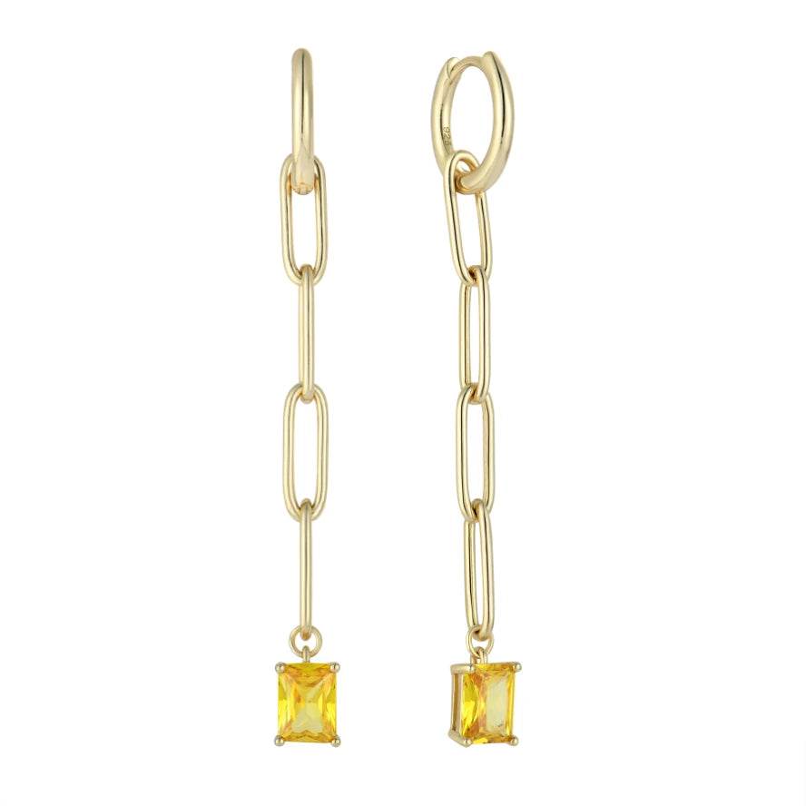 YILUN Gold Plated Sterling Silver Chain Link Earrings With Yellow Cubic Zirconia - Long Dangle Earrings for Women
