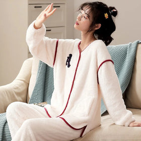 New Flannel Fleece Pajamas for Women Long Sleeve Coral Fleece Pajama Set V-neck