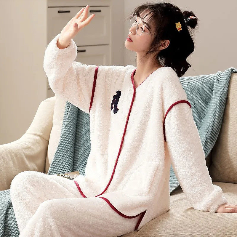New Flannel Fleece Pajamas for Women Long Sleeve Coral Fleece Pajama Set V-neck