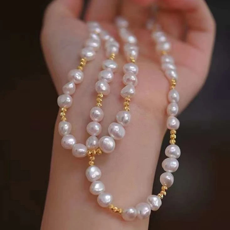 French Vintage Light Luxury Brass Chokers Necklace 6-7mm AAAA Grade Natural Baroque Pearl Gold/Silver Plated Women's Pearl