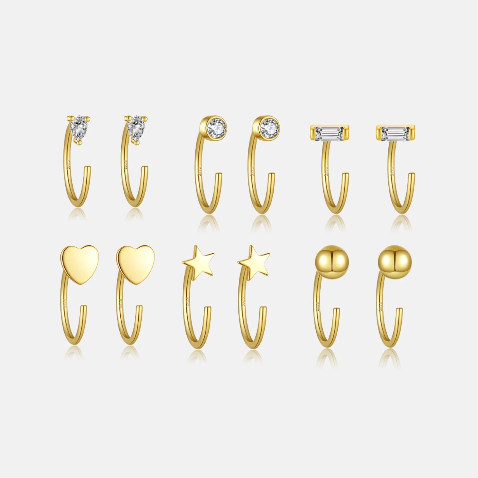 FUAMAY Fashion 18K Gold Plated 925 Silver Open Hoop Huggie Earrings Minimalist Flat Star Loves Heart Devil Eyes Open Earrings