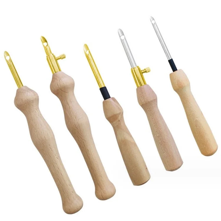 Wooden Handle Steel Wool Sewing Tool Thick Embroidery Pen Punch Needle with Threader for DIY