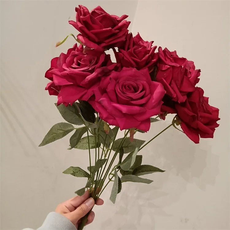 B-2216 Factory Artificial Rose Flower Bouquet Red Roses Artificial Silk Roses Bulk for Wedding Decoration