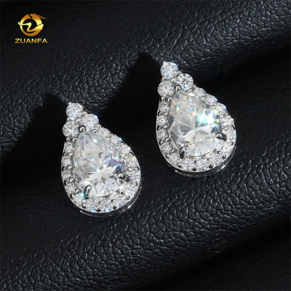 New Arrivals Hip Hop Halo Design Earrings White Gold 925 Silver Drop Pear Shape Moissanite Earring