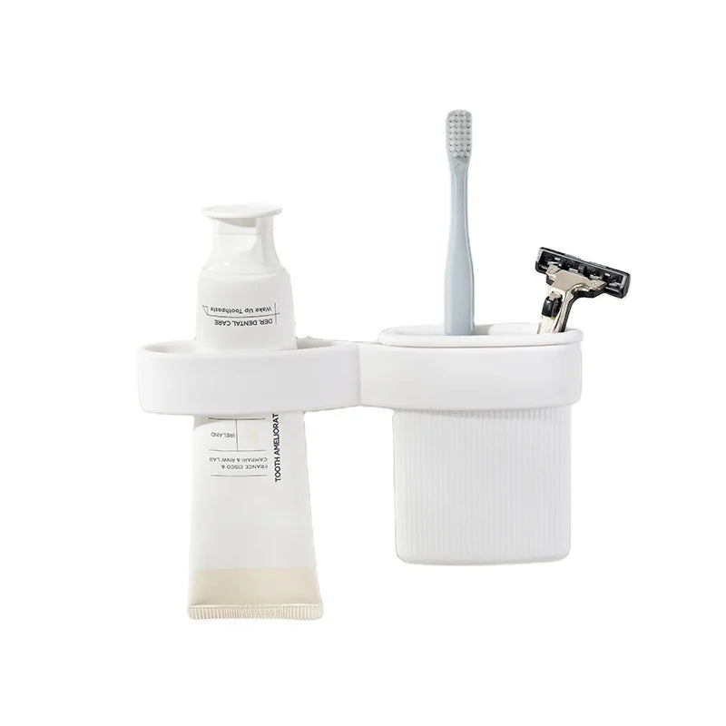 Plastic Two-piece Wall Mounted Toothpaste Rack and White Toothbrush Holder Set for Home and Hotel Use