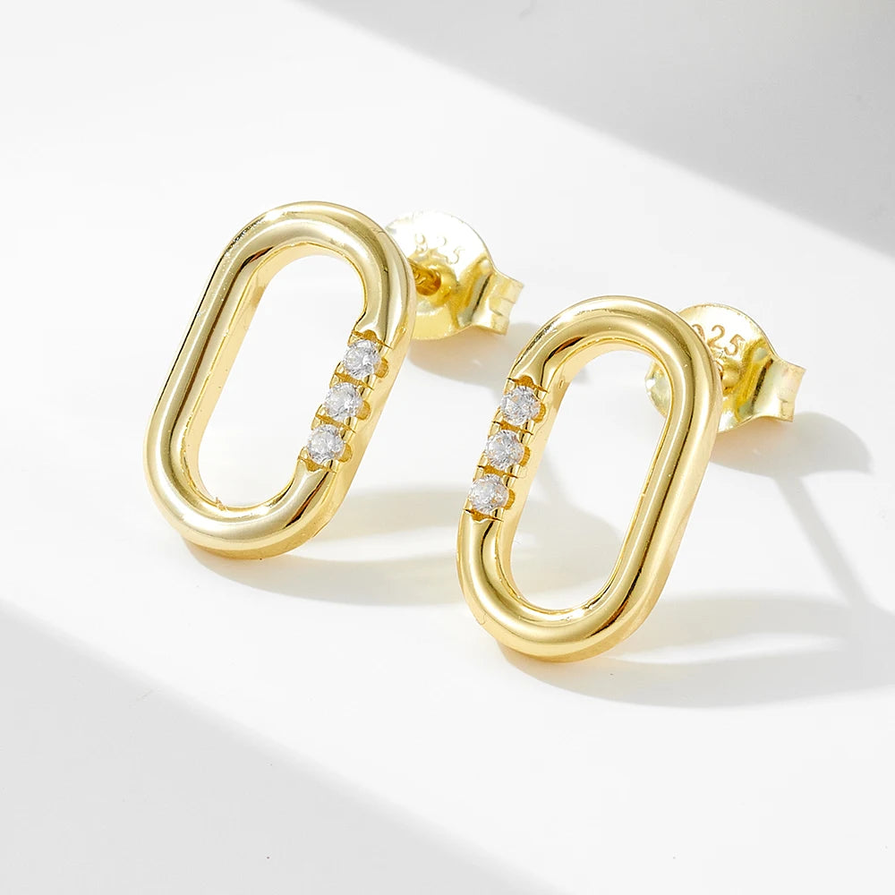 Fine Jewelry 925 Sterling Silver Gold Plated Zircon Geometric Oval Shaped Stud Earrings for Women