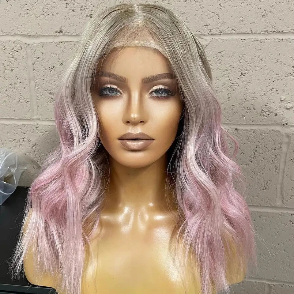 Ombre Gray Pink Middle Part Preplucked Natural Hairline Wig Transparent HD Swiss Full Lace Human Hair Women Wigs