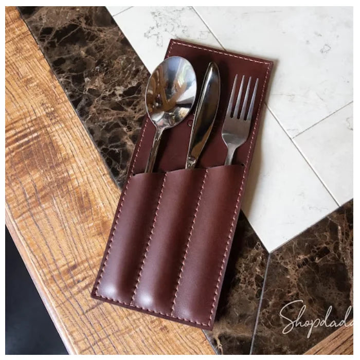Yy Cafe Bar Restaurant Office  Leather Cutlery Organizer Holder Utensil Organizer Spoon and Fork Holder Cutlery Pouch