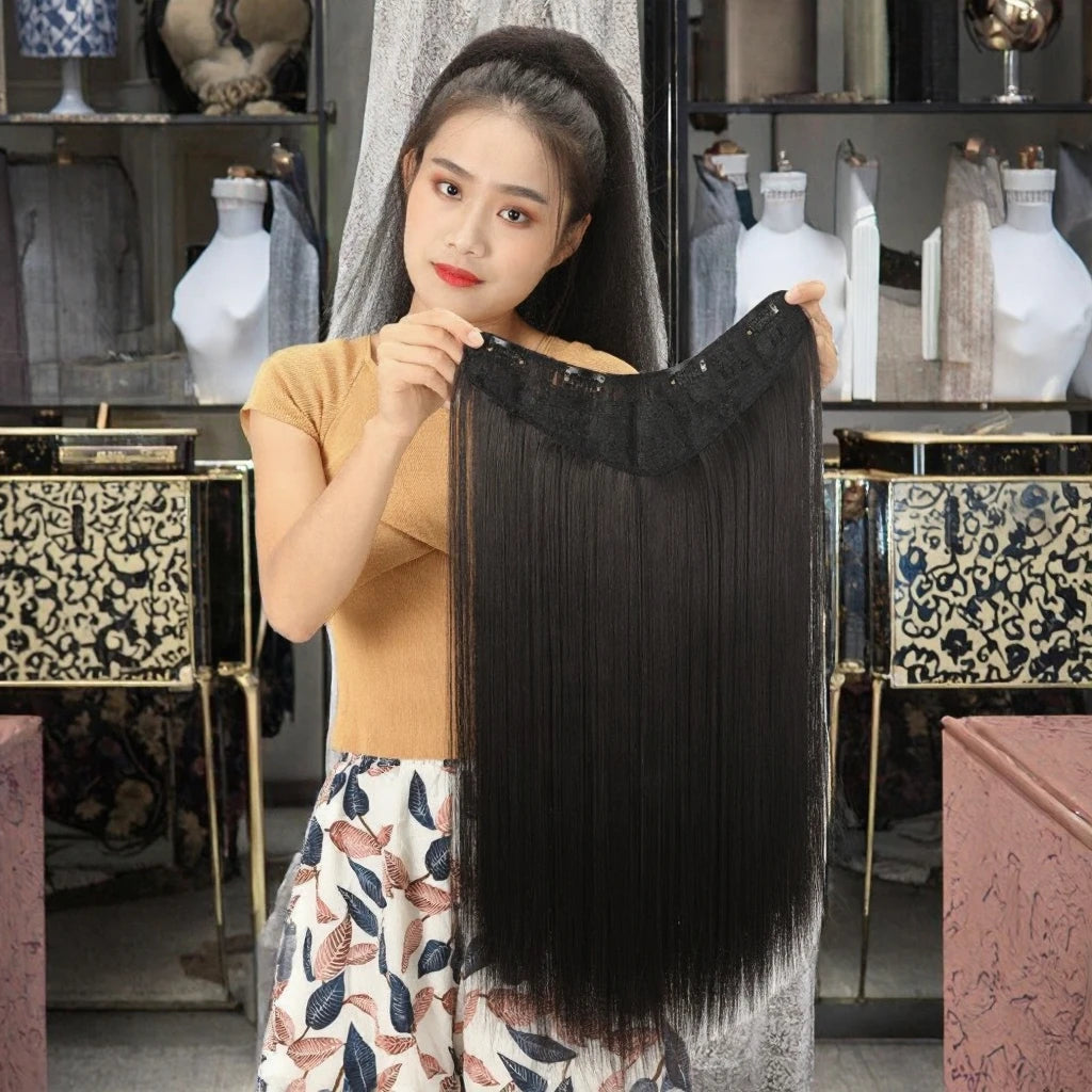 Factory Wholesale 24 Inch V-Shaped Half Wig One Piece Straight Synthetic Hairpiece High Temperature Fiber Clip-In Extensions
