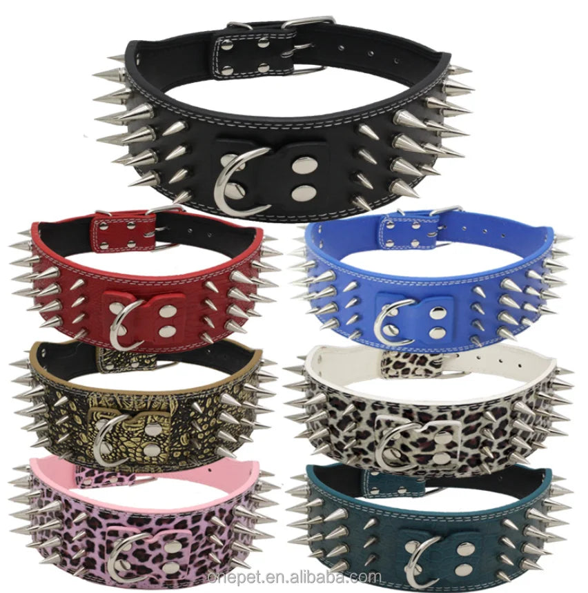 Spiked Studded Leather PU Pet Collars Bite-Proof Spiked Dog Collar for Large Breeds Pitbull Doberman