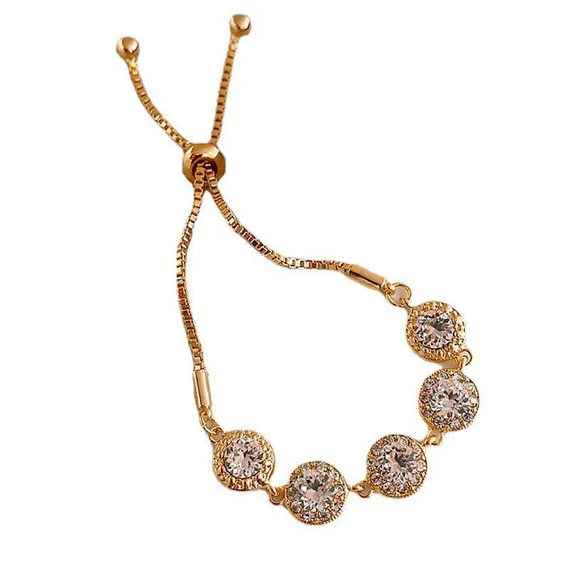 AA00120 Luxury Rhinestone Crystal Glittering Charm Bracelet Gold Plated Chain Round Adjustable Gemstone Bracelets Women