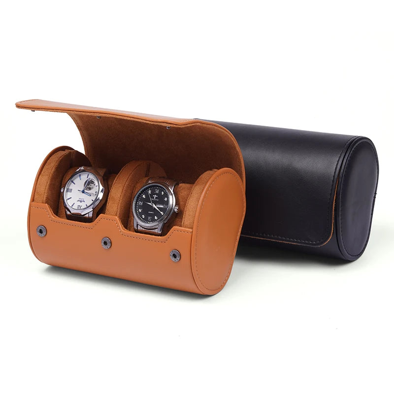 Large 2 Slot Leather Travel Watch Roll With Sliding Pillows Brown Velvet Lining Watch Organizer Case Groomsmen Gift Box for Him