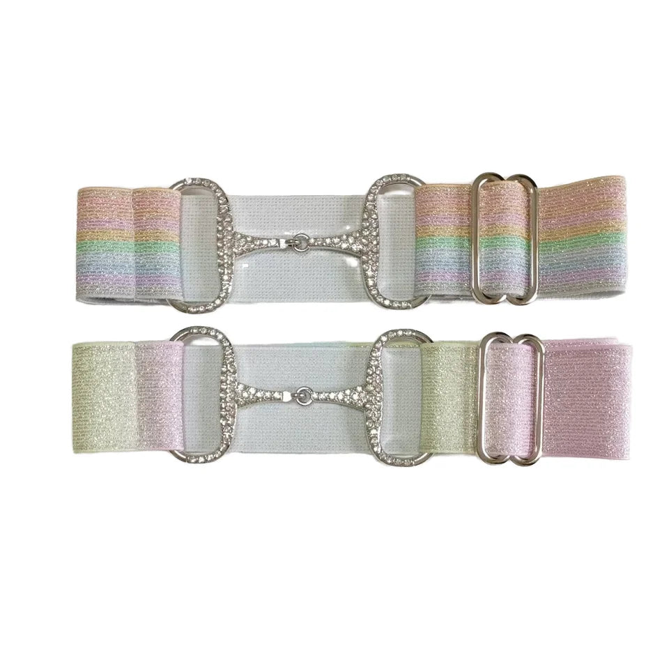 Free Engraved Logo 2 Inch 5cm Rhinestone Snaffle Bit Buckle Elastic Equestrian Belt with Rhinestone Spurs Type