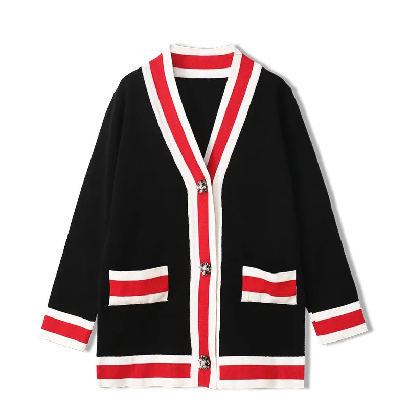 French Design Pearl Button Contrast Color Lazy Loose Knit Cardigan Sweater Female