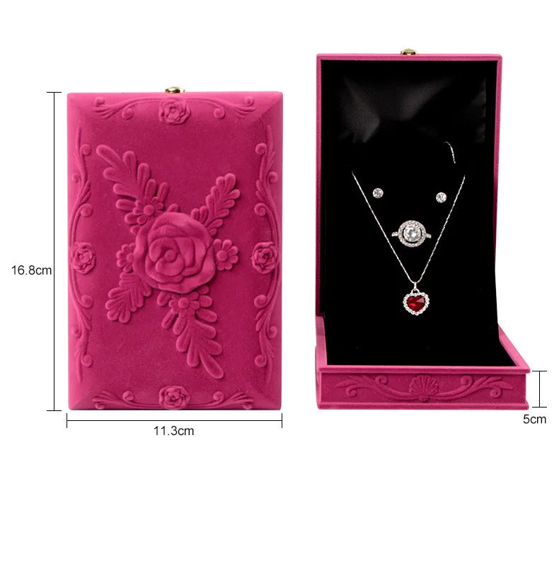 Light Luxury Rosy Velvet Jewelry Set Elegant Ring Earrings Necklace Package Organizer Box