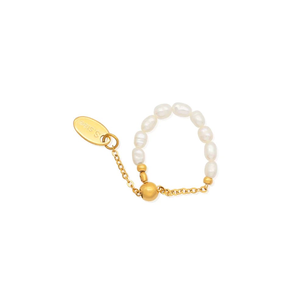 Chris April 316L Stainless Steel 18k PVD Gold Plated Adjustable Chain Shell Pearl Finger Ring