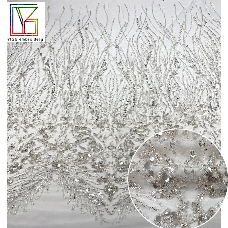 New French 3D Heavily Beaded Lace With Crystal and Pearls Lace Fabric Women Wedding Embroidery Dress Material Fabric