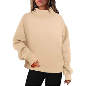 Custom Front Logo Women Autumn Casual Oversized Pullover Jumper Long Sleeves Drop Shoulder Mock Neck Sweatshirt Top De Mujer