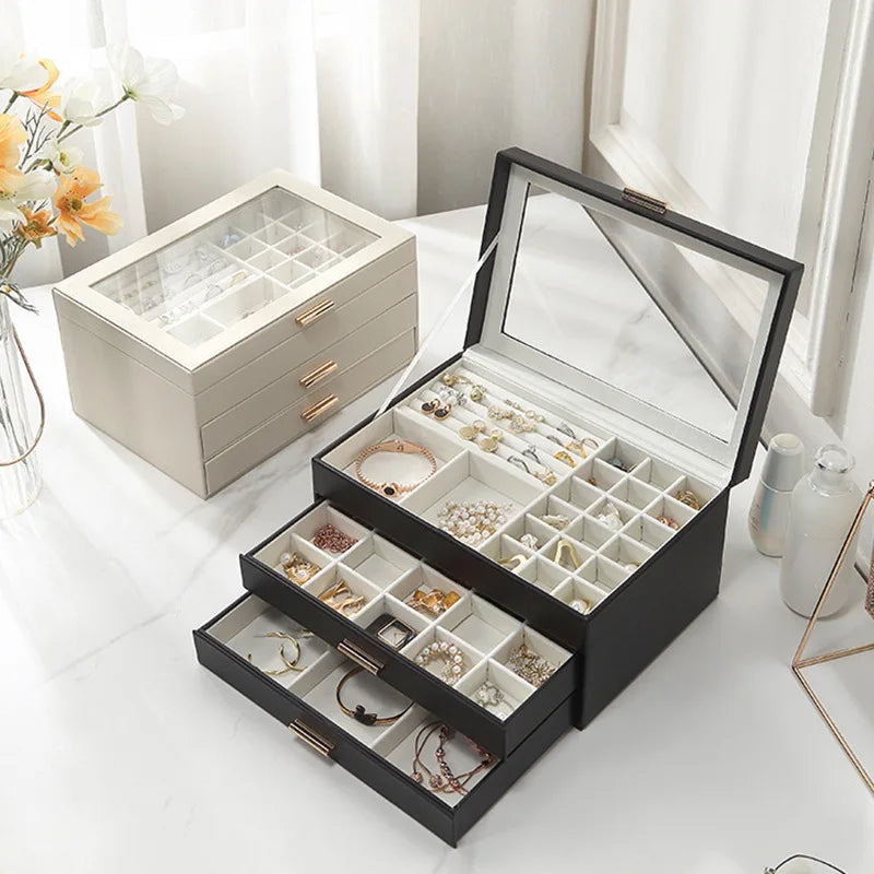 Luxurious PU Leather Three-Layer Jewelry Case with Clear Window Large Desktop Jewelry Storage Box for Necklace Earrings