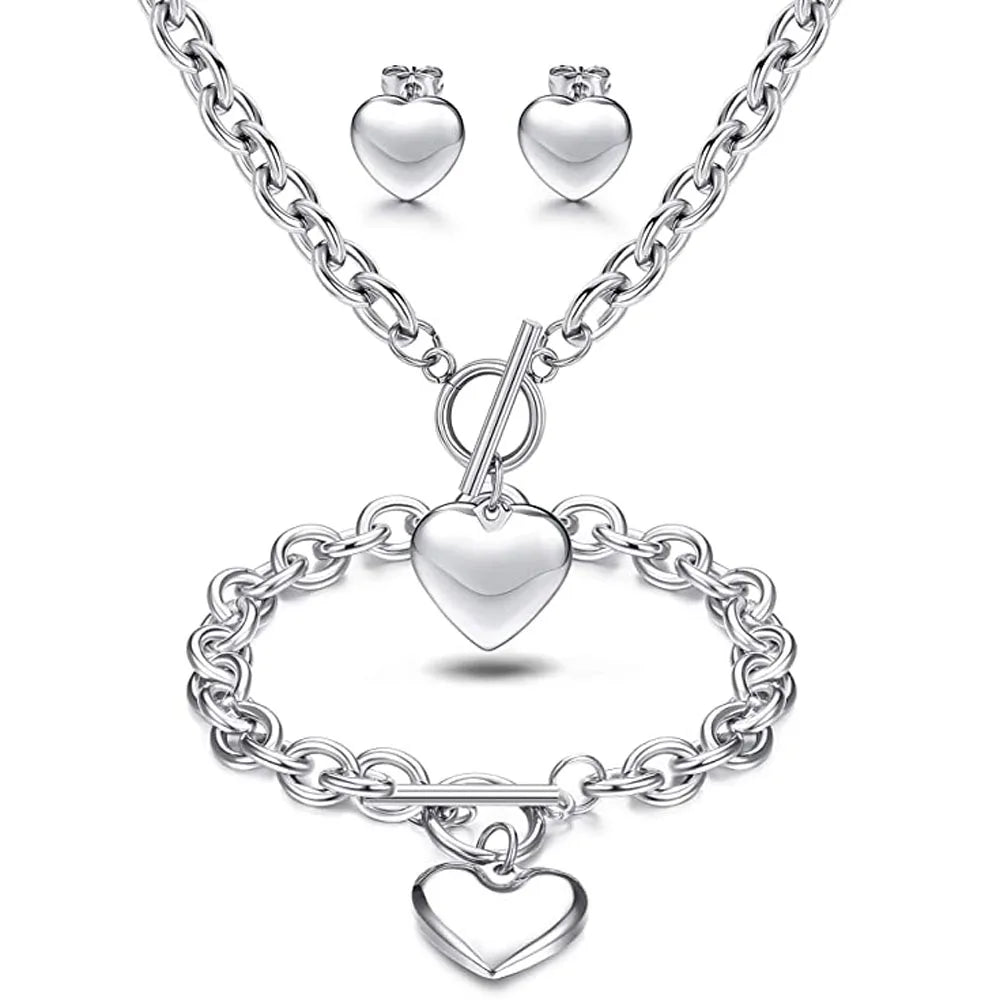 Newest Stainless Steel Engagement Women Love Charm Heart Shape Jewelry Set