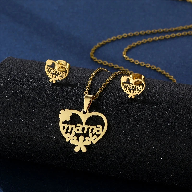 MAMA Necklace Earring Set for Women's Fashionable and Personalized Mother's Day Jewelry Set with Stainless Steel Necklace