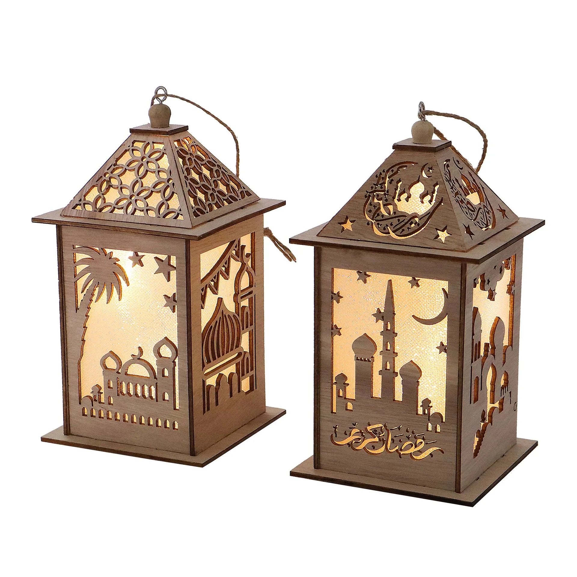 Eid Mubarak Wooden Ornaments Hanging Moon LED Ramadan Lights for Islam Muslim Event Party Home Table Decoration Kareem Gift