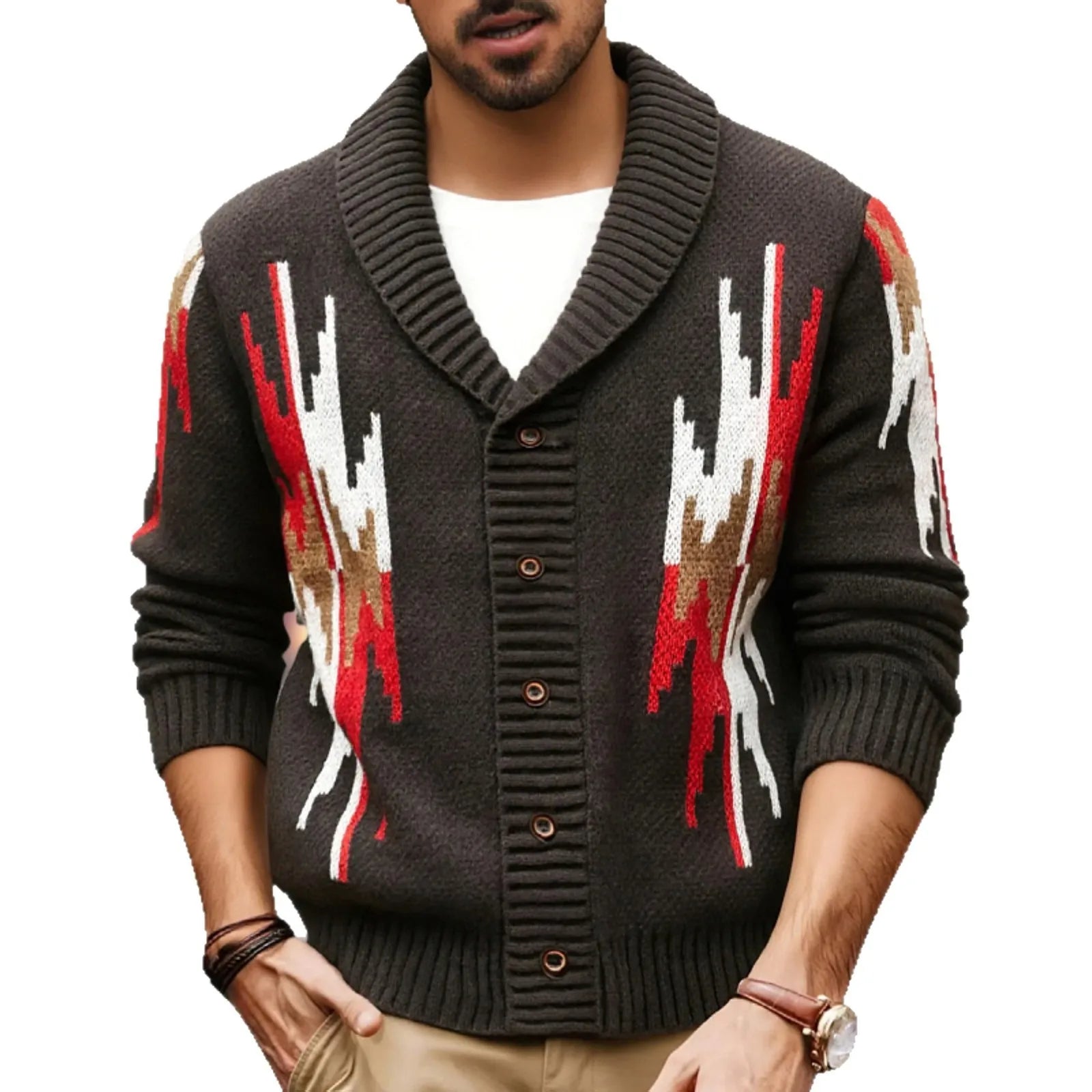 Vintage Western Men Jumpers Winter Shawl Collar Geometric Pattern Jacquard Cardigan Sweater Button Down Knitted Men's Clothing