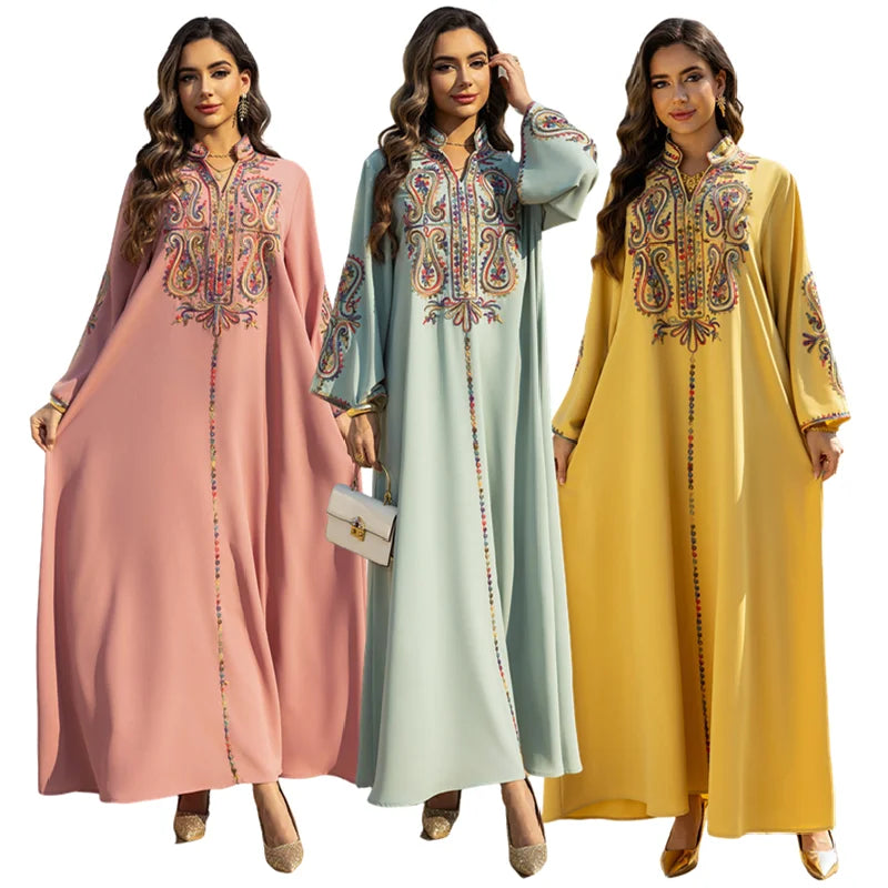 AB458 Muslim Women's Clothing Long Sleeve Robe Embroidery Rope Middle East Dubai Abaya Women Muslim Dress Jalabiya for Women
