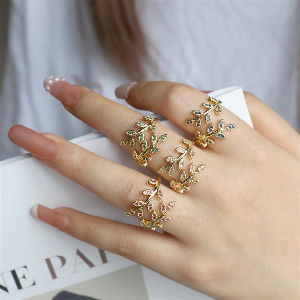 Latesr Design Fashion Jewelry Gold Plated Colorful Cubic Zirconia Leaf Open Rings for Women
