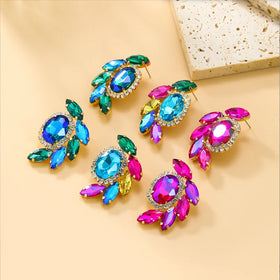 New Fashion Metal Full Crystal Flower Stud Earrings Multicolor Rhinestone Diamonds for Women Shiny Wedding Party Jewelry