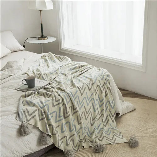 New Design Pom Pom Tassel Style 100% Cotton Super Soft Cotton Knitted Throw Blanket BLK