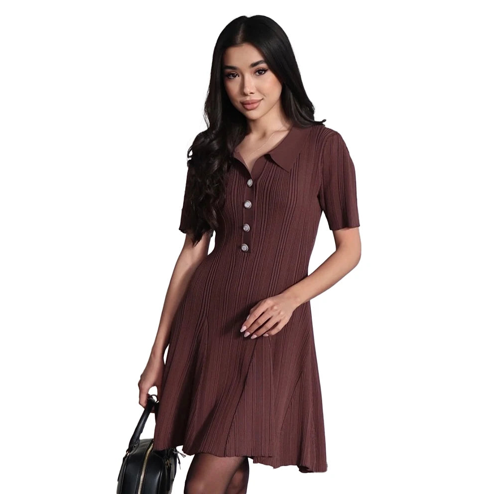 Spring Summer Retro Solid Color Knit Dress Elegant Turn-down Neck Button A-line Knitted Sweater Dress Knitted Dress for Women